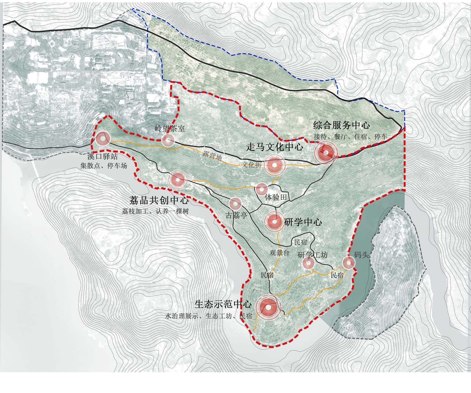 走马村规划范围、现状道路、新建道路和停车设施示意图